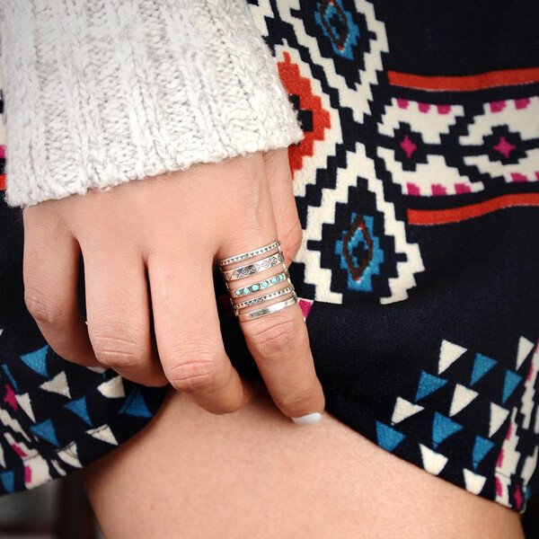 Sterling Silver Bohemian Openwork Carved Turquoise Ring