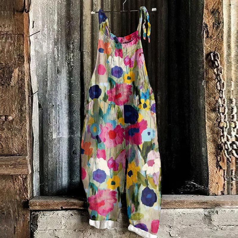 Vintage Colorful Floral Linen Blend Loose Casual Jumpsuit