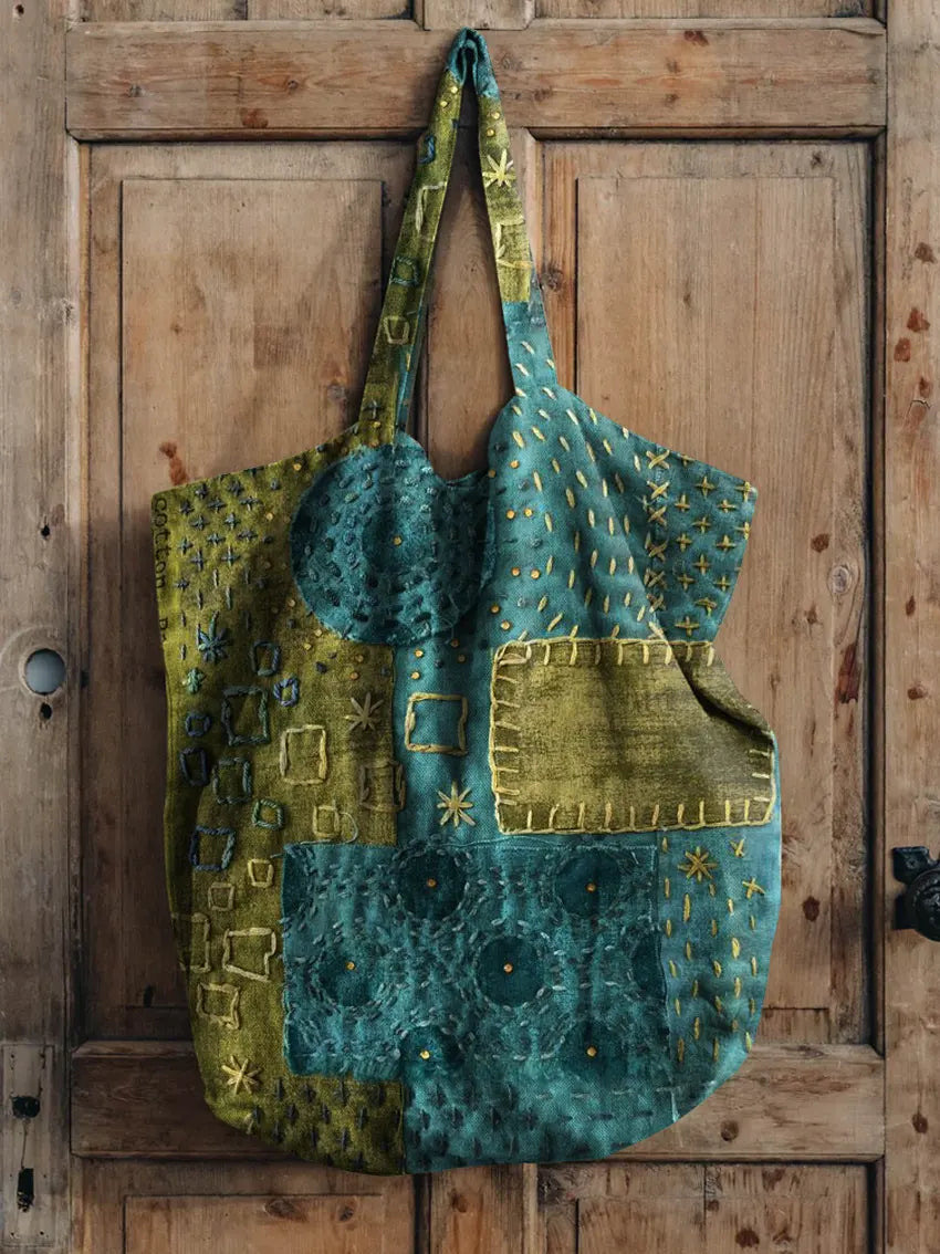 Artistic Printed Canvas Tote Bag With Line-pattern Patchwork Design