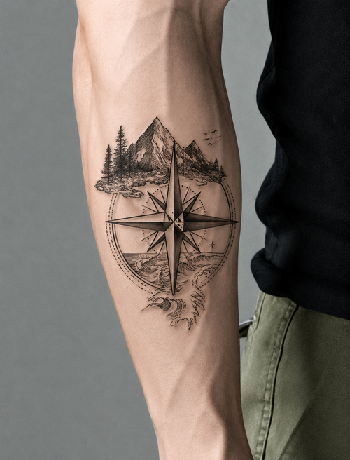 Adventure Compass Mountain & Ocean Semi-Permanent Tattoo