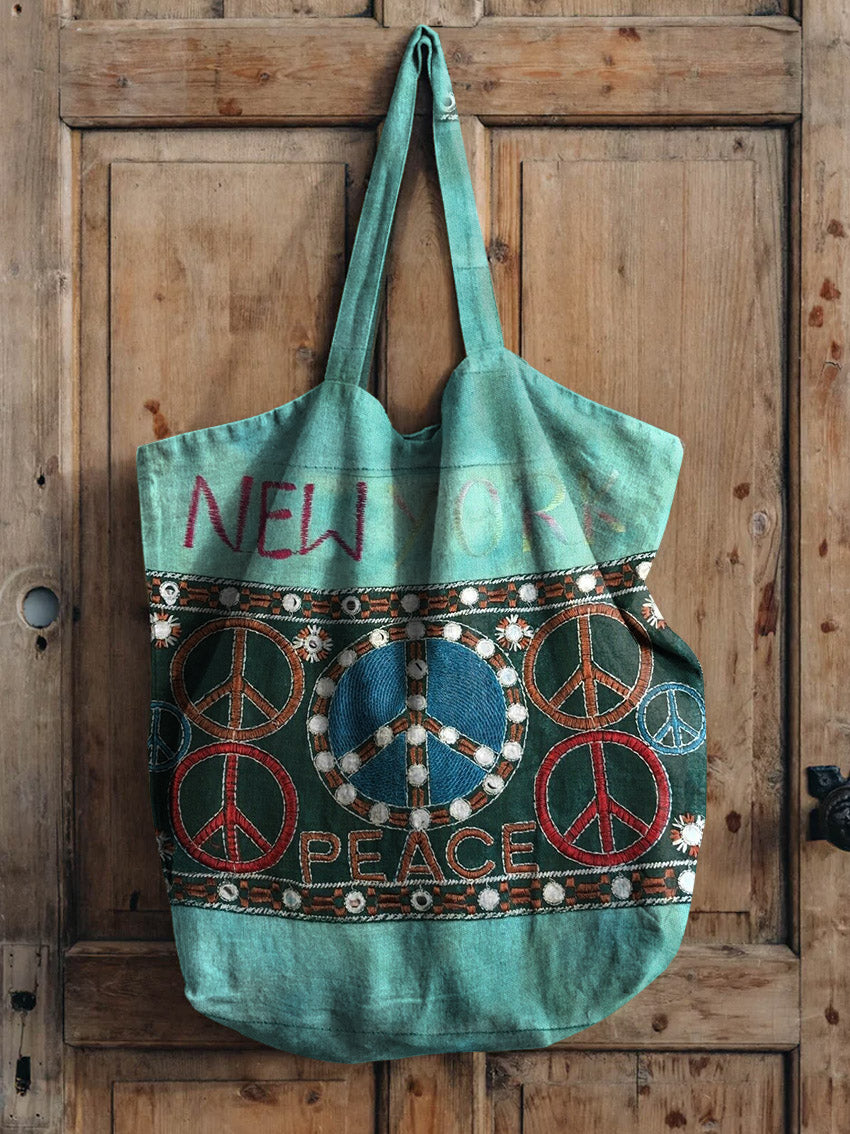 Peace Loving Hippie Pattern Art Printed Linen Tote Bag