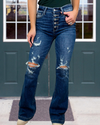 Button-Placket Ripped Flared Jeans