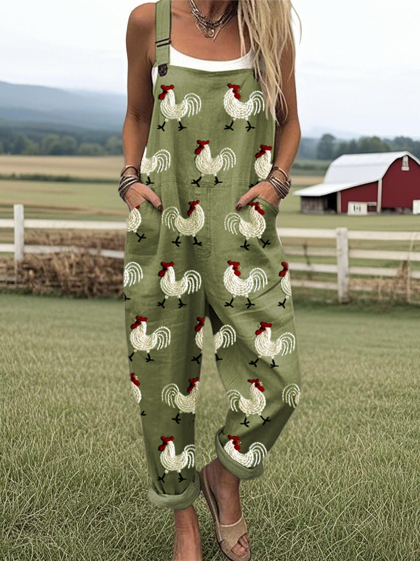 Women's Roosters Embroidery Pattern Casual Wide Leg Jumpsuit