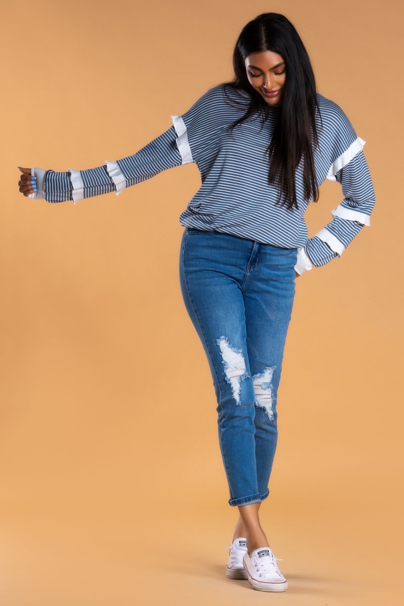 Brigitte Brianna Striped Ruffle Sleeve Sweatshirt