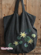 Japanese Style Lotus Floral Art Printed Linen Tote Bag