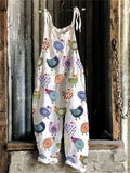 Colorful Farm Chicken Embroidery Pattern Jumpsuit