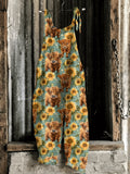 Highland Cow Sunflower Print Casual Jumpsuit