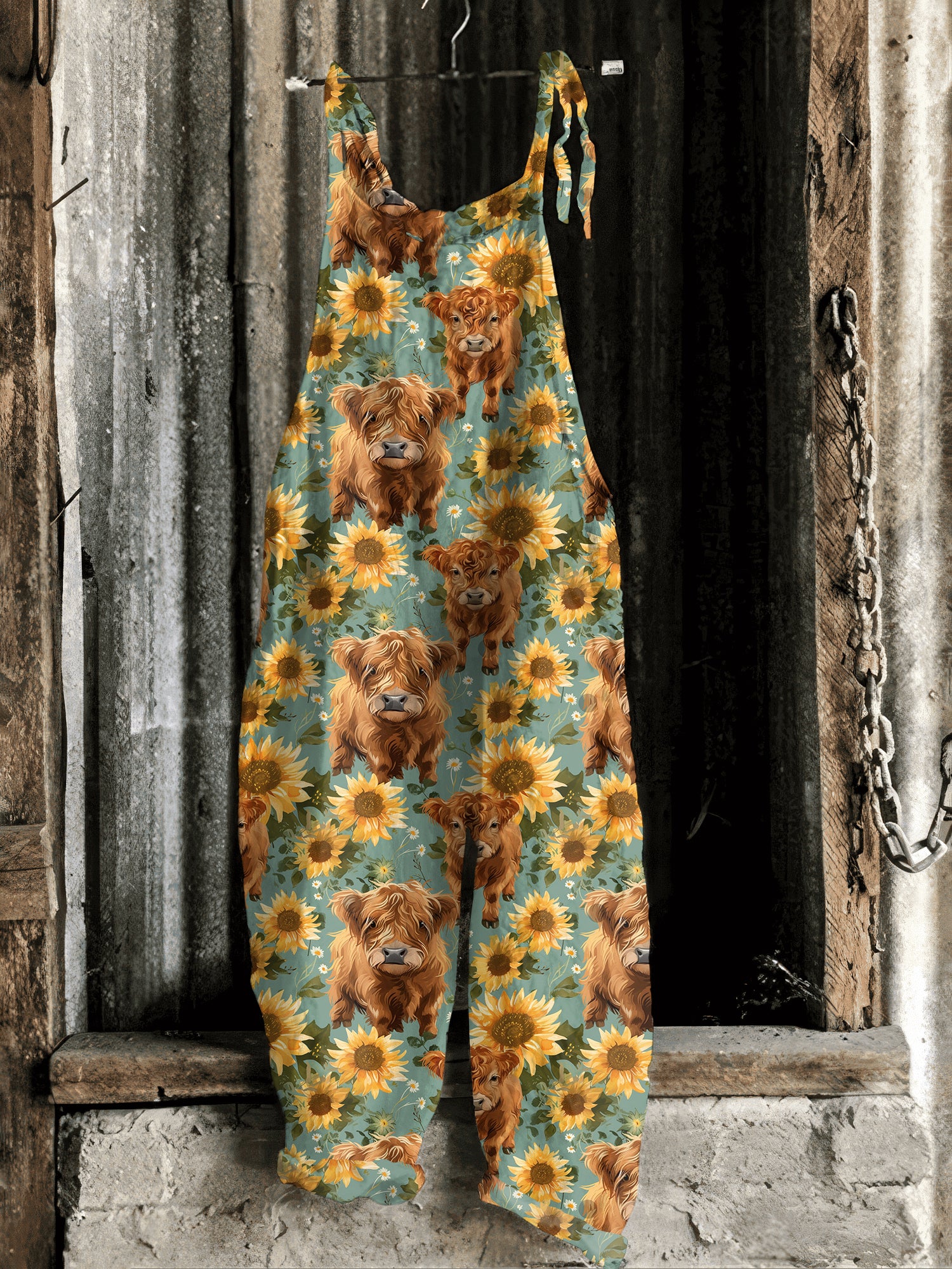 Highland Cow Sunflower Print Casual Jumpsuit