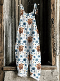 Highland Cow Floral Print Casual Jumpsuit