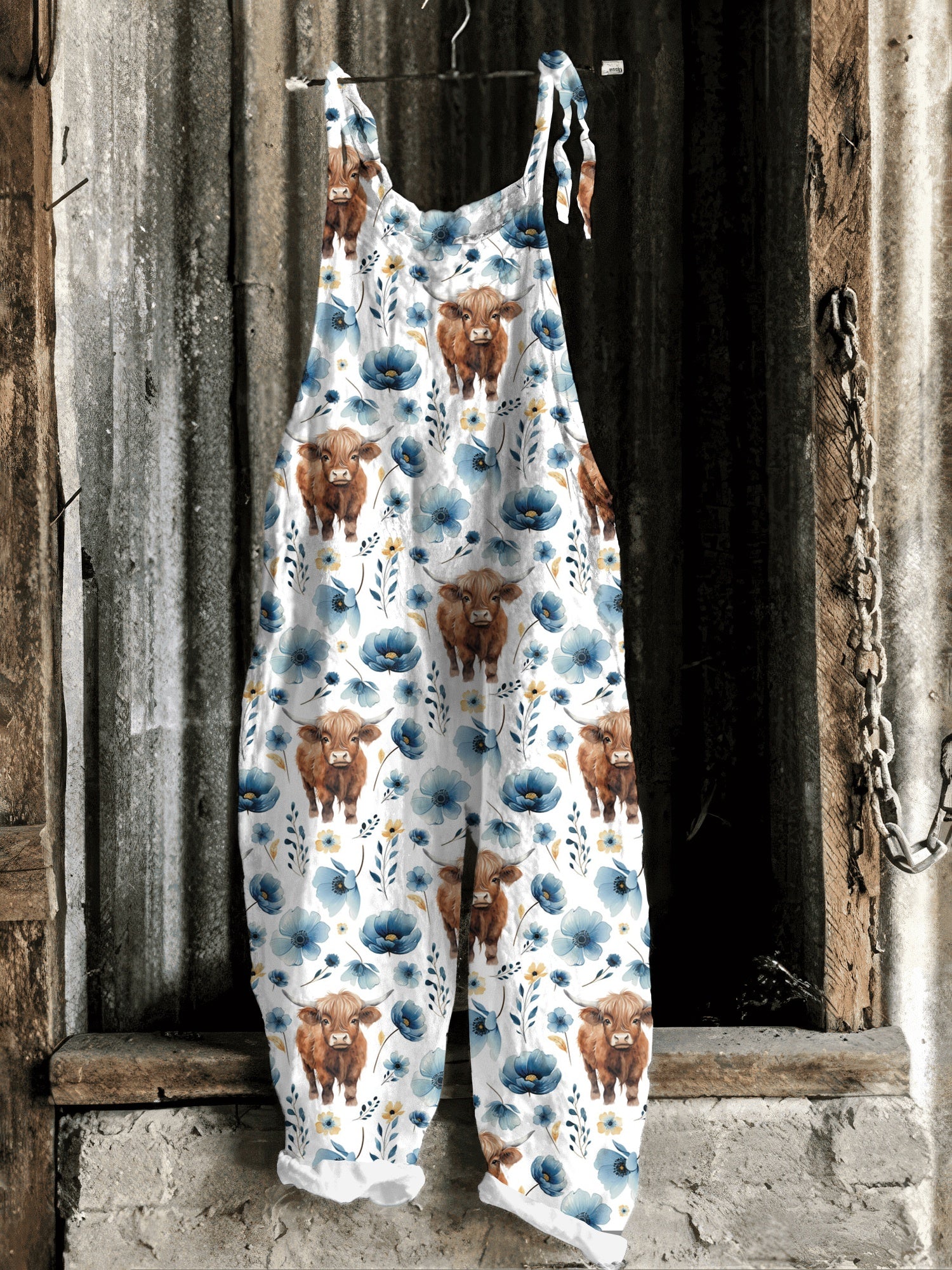 Highland Cow Floral Print Casual Jumpsuit