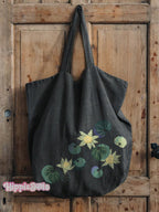 Japanese Style Lotus Floral Art Printed Linen Tote Bag
