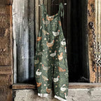 Farm Chicken& Floral Pattern Linen Blend Jumpsuit
